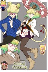  3boys alternate_costume androgynous animal_crossing animal_ears ascot bae_(baebae) blonde_hair blue_shirt cat_ears cat_tail glasses gradient_hair green_hair hat highres japanese_clothes lio_fotia maid_headdress male_focus multicolored_hair multiple_boys otoko_no_ko pantyhose parasol plaid promare purple_eyes red-framed_eyewear shirt short_hair sidelocks sun_hat tail umbrella villager_(animal_crossing) 