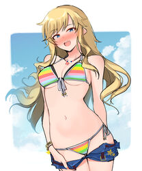  bangle bare_shoulders bikini bikini_under_shorts blonde_hair blue_eyes blush bracelet breasts cleavage clothes_pull collarbone contrapposto cowboy_shot denim denim_shorts female front-tie_bikini_top front-tie_top halterneck highres idolmaster idolmaster_cinderella_girls idolmaster_cinderella_girls_starlight_stage jewelry layered_bikini long_hair looking_at_viewer medium_breasts multicolored_bikini multicolored_clothes navel necklace nose_blush ohtsuki_yui open_mouth outside_border shirota_mizuki short_shorts shorts shorts_pull side-tie_bikini_bottom sky smile solo string_bikini striped_bikini striped_clothes swimsuit thigh_gap underboob undressing 