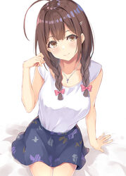  ahoge arm_support bare_shoulders blush bow braid breasts brown_eyes brown_hair closed_mouth collarbone female hair_ornament hair_over_shoulder hairclip hand_up hatsu_(first_snow) highres idolmaster idolmaster_shiny_colors jewelry kuwayama_chiyuki large_breasts leaf_print long_hair looking_at_viewer necklace pink_bow print_skirt shirt shirt_tucked_in sitting skirt sleeveless sleeveless_shirt smile solo twin_braids white_shirt 