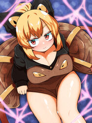  black_bow black_shirt blonde_hair blue_background blush bow breasts brown_dress cleavage closed_mouth commentary_request dress feet_out_of_frame female from_above hair_bun hairbow highres kurodani_yamame large_breasts long_sleeves looking_at_viewer pinafore_dress red_eyes rinyamame shiny_skin shirt short_hair silk sitting sleeveless sleeveless_dress smile solo spider_web thighs touhou 