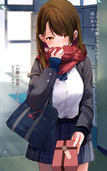  absurdres black_jacket blue_bag blue_skirt blush brown_eyes brown_hair buttons carrying_bag commentary covered_mouth dress_shirt female giving hand_up highres indoors jacket long_hair long_sleeves looking_at_viewer open_clothes open_jacket original pleated_skirt red_scarf scarf school_uniform shirt shirt_tucked_in skirt sleeves_past_wrists solo standing swept_bangs tomura2maru translated white_shirt 