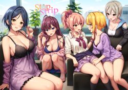  5girls black_jacket black_panties blonde_hair blue_hair blush breasts camisole cleavage collarbone commentary_request cover cover_page dark_blue_hair doujin_cover eye_contact facing_another feet_out_of_frame grey_hair gyaru hand_on_another&#039;s_shoulder hand_on_another&#039;s_thigh hayami_kanade highres ichinose_shiki idolmaster idolmaster_cinderella_girls indoors jacket jougasaki_mika kogal large_breasts legs lipps_(idolmaster) looking_at_another looking_at_viewer medium_breasts miyamoto_frederica multiple_girls nazu-na panties pantyshot pink_car pink_hair plant potted_plant purple_camisole purple_hair purple_shirt school_uniform shiomi_syuko shirt sideboob sitting smile squatting underwear yuri 