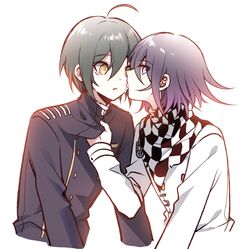  2boys ahoge alternate_hair_color black_hair brown_eyes buttons checkered_clothes checkered_scarf clothes_grab clothes_pull commentary_request cropped_torso danganronpa_(series) danganronpa_v3:_killing_harmony double-breasted green_hair gripping_clothes jacket jacket_grab jacket_pull licking_tears long_sleeves looking_at_another looking_at_viewer looking_back male_focus medium_hair multiple_boys oma_kokichi open_mouth purple_hair qiao_xing saihara_shuichi scarf short_hair simple_background tongue tongue_out upper_body white_background white_jacket yaoi yellow_eyes 