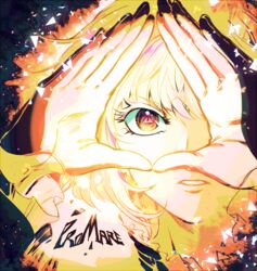  1boy bae_(baebae) blonde_hair close-up eyelashes frilled_sleeves frills highres lio_fotia male_focus own_hands_together promare purple_eyes solo 