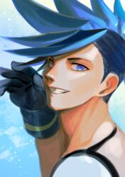  1boy asymmetrical_hair bae_(baebae) black_gloves blue_eyes blue_hair galo_thymos gloves highres male_focus portrait promare sidecut solo spiked_hair undercut 