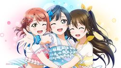  3girls absurdres azuna_(love_live!) black_hair blue!_(love_live!) blush brown_hair bubble closed_eyes collarbone commentary dated earrings grey_eyes group_hug hair_bun hair_ornament hair_ribbon half_updo highres hug jewelry long_hair love_live! love_live!_nijigasaki_high_school_idol_club medium_hair multiple_girls one_eye_closed orange_hair osaka_shizuku ribbon sidelocks single_side_bun smile soul_evan twitter_username uehara_ayumu upper_body yellow_eyes yuki_setsuna_(love_live!) 