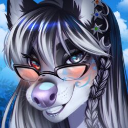  1:1 2020 blue_eyes braided_hair canid canine day detailed_background digital_media_(artwork) eyebrows eyelashes eyewear fox glasses hair headshot_portrait heterochromia icon looking_at_viewer mammal michka_kulestis outside portrait sky smile solo sorafoxyteils 