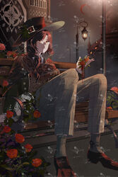  1boy absurdres bench bleeding blood brown_eyes brown_footwear brown_hair building chinese_commentary church commentary_request dark flower grey_pants highres holding holding_flower klein_moretti lamppost looking_at_viewer lord_of_the_mysteries male_focus merlin_hermes night night_sky pants red_headwear rose scarf shadow side_ponytail sitting sky solo watermark yigeguanzimeiyouliang 