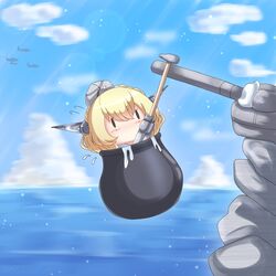  blonde_hair blue_sky braid cauldron chibi colorado_(kancolle) female garrison_cap getting_over_it hammer hat headgear highres horizon in_cauldron kantai_collection outdoors riretsuto short_hair side_braid sky sledgehammer solo 