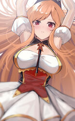  absurdres armpits arms_up azur_lane bare_shoulders between_breasts blurry blush breasts cleavage cleavage_cutout closed_mouth clothing_cutout commentary_request crown cuffs depth_of_field detached_sleeves dress female frills from_above gloves headgear highres juliet_sleeves large_breasts long_hair long_sleeves looking_at_viewer lying misonikomi off-shoulder_dress off_shoulder on_back orange_hair parted_lips puffy_detached_sleeves puffy_short_sleeves puffy_sleeves red_eyes richelieu_(azur_lane) short_sleeves sidelocks simple_background solo striped_sleeves swept_bangs underbust upper_body vertical-striped_sleeves very_long_hair white_background white_dress white_sleeves 