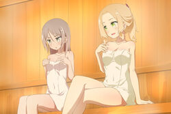  2girls alternate_hairstyle black_eyes blonde_hair blush breast_envy breasts brown_hair collarbone commentary_request covered_navel crossed_legs green_eyes hair_between_eyes hair_down highres inubouzaki_fuu iwamototuka long_hair looking_at_another medium_breasts miyoshi_karin multiple_girls naked_towel parted_bangs parted_lips ponytail sauna sitting small_breasts smile sweat towel yuuki_yuuna_wa_yuusha_de_aru yuusha_de_aru 