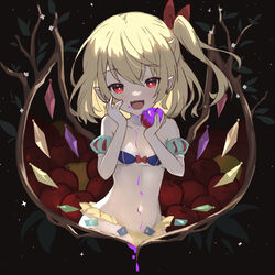  ahase_hino apple blonde_hair blue_bra blush bra breasts commentary cosplay crystal fangs female flandre_scarlet food fruit hair_between_eyes highres holding holding_food holding_fruit long_hair looking_at_viewer navel open_mouth panties pointy_ears poison_(final_fight) red_eyes side_ponytail small_breasts smile snow_white_(disney) snow_white_(disney)_(cosplay) snow_white_and_the_seven_dwarfs solo touhou underwear upper_body wings yellow_panties 