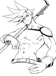  1boy asymmetrical_hair bae_(baebae) galo_thymos gloves graphite_(medium) greyscale hand_on_own_hip highres male_focus monochrome promare sidecut solo spiked_hair staff traditional_media undercut upper_body 