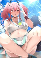  azur_lane bad_id bad_twitter_id bag bare_legs black_bra blue_hair blue_sky blush bra breasts bremerton_(azur_lane) bremerton_(scorching-hot_training)_(azur_lane) chain-link_fence cleavage cloud commentary crop_top crop_top_overhang day eyelashes female fence hair_between_eyes hair_ornament hairclip headpiece heart heart_necklace highres indian_style jewelry large_breasts lips looking_at_viewer medium_hair midriff miniskirt multicolored_hair navel navel_piercing necklace official_alternate_costume open_mouth outdoors piercing pink_eyes pink_hair pleated_skirt see-through shirt sitting skirt sky sleeveless sleeveless_shirt solo sportswear sweat sweatband tennis_uniform thighs tote_bag twintails two-tone_hair underwear white_shirt white_skirt wiping_sweat x_hair_ornament yamakonbu 