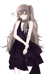  blush bracelet breasts brown_eyes closed_mouth collarbone dress feet_out_of_frame female girls&#039;_frontline grey_scarf hand_on_own_arm heart heart_print jewelry light_brown_hair long_hair looking_at_viewer official_alternate_costume one_side_up paaam purple_dress scar scar_across_eye scarf small_breasts solo standing ump45_(diamond_flower)_(girls&#039;_frontline) ump45_(girls&#039;_frontline) white_background 