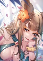  :p animal_ears bare_arms bare_shoulders blue_one-piece_swimsuit breasts brown_hair cleavage erune eyelashes eyeshadow female fingernails flower granblue_fantasy hair_flower hair_ornament hibiscus kogome_(azalea4) large_breasts long_fingernails long_hair looking_at_viewer lying makeup metera_(granblue_fantasy) mole mole_under_mouth nail_polish on_side one-piece_swimsuit orange_eyeshadow orange_flower petals purple_eyes red_nails scrunchie smile solo sparkle swimsuit tongue tongue_out twitter_username upper_body v-shaped_eyebrows wrist_scrunchie 