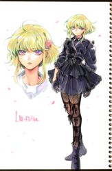  1boy bae_(baebae) black_dress black_jacket black_skirt blonde_hair dress flower frilled_skirt frills gloves hair_flower hair_ornament highres jacket leather leather_jacket leg_ribbon lio_fotia male_focus multiple_views otoko_no_ko pantyhose promare purple_eyes ribbon short_hair short_hair_with_long_locks sidelocks skirt 