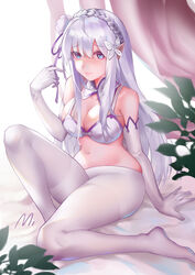  absurdres arm_support artist_name belly blue_eyes bra braid breasts cleavage closed_mouth crown_braid elbow_gloves emilia_(re:zero) female flower full_body gloves hair_flower hair_ornament hair_ribbon highres large_breasts legs long_hair looking_at_viewer mi_(630956686) no_shoes pantyhose pointy_ears purple_ribbon re:zero_kara_hajimeru_isekai_seikatsu ribbon sitting solo underwear white_bra white_flower white_gloves white_hair white_pantyhose x_hair_ornament 