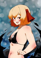  absurdres alternate_costume bikini black_bikini blonde_hair blush breasts commentary_request darkness female grey_background hair_ribbon highres kurodani_yamame looking_at_viewer navel open_mouth red_eyes red_ribbon ribbon rinyamame rumia short_hair small_breasts smile solo swimsuit touhou upper_body 