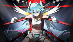  absurdres alternate_costume arm_rest bare_shoulders blonde_hair blue_eyes blue_gloves blue_hair blurry blurry_background bruise bruise_on_face commentary cowboy_shot crotch_cutout crotchless_shorts diffraction_spikes elbow_sleeve energy_wings female fingerless_gloves frown glaring gloves hair_between_eyes hatsune_miku highleg highleg_panties highres injury jiu_ye_sang legs_apart long_hair looking_at_viewer midriff multicolored_hair navel outstretched_arms panties pink_hair ring_no_seraph_(vocaloid) shorts sitting solo spread_arms stage_lights star_pin stomach streaked_hair tank_top underwear v-shaped_eyebrows very_long_hair vocaloid white_shorts white_tank_top wings wrestling_outfit wrestling_ring 