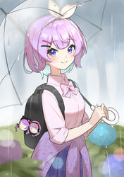  alternate_costume aotake_iro backpack bag black_bag blue_skirt blunt_bangs blush bow bowtie closed_mouth clothes_around_waist collared_shirt commentary_request cowboy_shot crazy_raccoon female hair_ornament hairbow hairclip headband holding holding_umbrella hololive looking_at_viewer medium_hair nijisanji nijisanji_kr nun_bora nun_bora_(2nd_costume) pink_bow pink_hair pink_shirt pleated_skirt purple_eyes purple_hair selly55 shirt sidelocks skirt smile solo tareme tokoyami_towa umbrella virtual_youtuber white_headband 