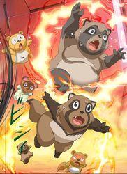  2023 animal_crossing anthro belly big_belly bottomwear brown_body canid canine clothing cover doraemon fire ghibli group hi_res humanoid_hands japanese_text kemono male mammal nintendo nontan_(series) o96657637 overweight overweight_male pom_poko raccoon_dog shirt shorts tanuki tanuki_and_kitsune text tom_nook_(animal_crossing) topwear worried 