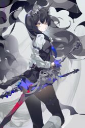  abstract_background animal_ears arknights black_hair black_pantyhose black_vest blue_shorts boots feet_out_of_frame female from_behind grey_background grey_footwear hair_between_eyes highres knee_boots long_hair looking_at_viewer looking_back pantyhose parted_lips rairyu_(samurai996007) shaded_face shirt shorts skindentation solo sword tail texas_(arknights) texas_the_omertosa_(arknights) thigh_strap vest weapon white_shirt wolf_ears wolf_girl wolf_tail yellow_eyes 