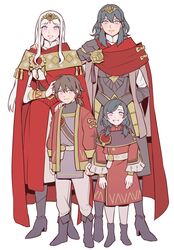  1boy 3girls arm_around_shoulder arm_behind_back blue_eyes boots byleth_(female)_(fire_emblem) byleth_(fire_emblem) cape commentary edelgard_von_hresvelg english_commentary family fire_emblem fire_emblem:_three_houses formal green_hair grey_hair highres if_they_mated ips_cells mother_and_daughter mother_and_son multiple_girls purple_eyes radiostarkiller red_cape simple_background smile standing tiara white_background white_hair wife_and_wife yuri 