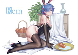  absurdres animal_ears apple arm_support artist_name bare_shoulders basket black_gloves black_thighhighs blue_eyes blue_hair breasts character_name cleavage closed_mouth commentary_request elbow_gloves fake_animal_ears female food fruit full_body gloves hair_ornament hair_over_one_eye hair_ribbon highres large_breasts legs looking_at_viewer maid_headdress mi_(630956686) playboy_bunny rabbit_ears re:zero_kara_hajimeru_isekai_seikatsu red_ribbon rem_(re:zero) ribbon short_hair simple_background solo thighhighs thighs white_background x_hair_ornament 