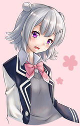  blazer blue_jacket bow bowtie cevio commentary cropped_torso double_bun female grey_hair grey_sweater hair_bun hair_ornament hairclip highres jacket koharu_rikka looking_at_viewer not_makigai open_mouth pink_background pink_bow pink_bowtie purple_eyes school_uniform short_hair smile solo sweater synthesizer_v upper_body 