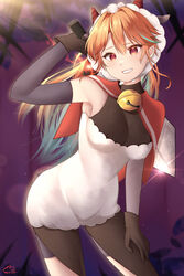  absurdres bare_shoulders bell breasts capelet colored_inner_hair cosplay covered_nipples cowboy_shot cult_of_the_lamb detached_sleeves female gloves grey_hair grin hair_intakes hand_on_own_thigh highres hololive hololive_english hood horizontal_pupils jingle_bell leaning_forward long_hair looking_at_viewer maka_aratame medium_breasts multicolored_hair neck_bell orange_hair purple_eyes smile solo takanashi_kiara the_lamb_(cult_of_the_lamb) the_lamb_(cult_of_the_lamb)_(cosplay) virtual_youtuber wool wool_dress 