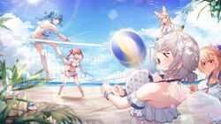  &gt;_&lt; 35p_(sakura_miko) 5girls absurdres ahoge animal_ears beach beach_volleyball bikini bird blonde_hair blue_eyes blue_hair bouncing_breasts braid breasts dan&#039;in-san_(shirogane_noel) dark-skinned_female dark_skin elfriend_(shiranui_flare) fox_ears fox_girl fox_tail green_eyes grey_hair hat highres hololive hololive_summer_2022_swimsuit hoshimachi_suisei jumping large_breasts lens_flare multiple_girls navel ocean omaru_polka orange_eyes outdoors pink_hair purple_eyes sakura_miko shiranui_flare shiranui_kensetsu shirogane_noel side_ponytail straw_hat swimsuit tail tang-du twintails virtual_youtuber volleyball_net zain_(omaru_polka) 