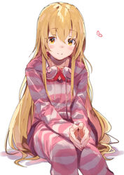  blonde_hair blush_stickers brown_eyes closed_mouth commentary_request drawstring feet_out_of_frame female hair_between_eyes headphones heart highres hood hood_down hooded_jacket ienaga_mugi jacket lamb_(hitsujiniku) long_hair long_sleeves looking_at_viewer nijisanji own_hands_together pants shadow sitting solo striped_clothes striped_jacket striped_pants very_long_hair virtual_youtuber white_background 