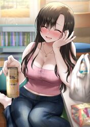  ^_^ abe_hikaru alcohol bag beer beer_can blush breasts brown_hair buttons can cleavage closed_eyes denim drink_can drunk female full_body holding holding_can jeans jewelry kneeling large_breasts long_hair midriff mole mole_under_eye nail_polish navel necklace open_mouth original pants pink_shirt plastic_bag shirt smile solo 