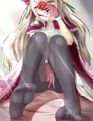  absurdres bad_id bad_pixiv_id bed between_legs black_pantyhose blonde_hair cape capelet dated day ebiko_yaki feet female floral_print frilled_capelet frills gloves green_ribbons hand_between_legs hand_up highres holding holding_phone indoors jewelry knees_up legs long_hair loussier_ellerensia no_shoes on_bed pantyhose pendant phone red_eyes red_gloves ribbon selfie shironeko_project signature sitting solo sunlight 