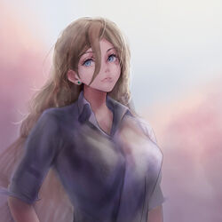  alternate_costume blonde_hair blue_eyes blush breasts female grey_shirt hair_between_eyes haruto_(harut_n) kantai_collection large_breasts long_hair looking_at_viewer mole mole_under_eye mole_under_mouth richelieu_(kancolle) shirt short_sleeves solo 