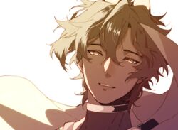  1boy arjuna_(fate) arjuna_alter_(fate) brown_theme commentary_request dark-skinned_male dark_skin fate/grand_order fate_(series) fuka_(hk_nemo) hair_between_eyes half-closed_eyes happy highres looking_at_viewer male_focus monochrome parted_lips portrait short_hair simple_background smile solo white_background 