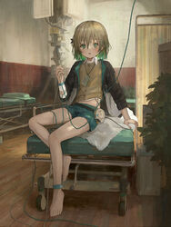  anklet arm_support asatsugutori bandaged_arm bandages barefoot cable cardigan collared_shirt female full_body gradient_hair green_eyes green_hair hibari_(asatsugutori) highres indoors jacket jewelry light_brown_hair lolicon looking_at_viewer multicolored_hair necklace official_art open_clothes open_jacket parted_lips shion_(mirudakemann) shirt short_hair short_shorts shorts sitting solo stretcher 