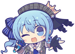  ;d beckoning beret black_gloves blue_eyes blue_hair blue_ribbon blush chibi chibi_only crown female gloves grey_hat hair_between_eyes hair_ribbon hat holding holding_microphone hololive hoshikuzu_no_yoru hoshimachi_suisei hoshimachi_suisei_(1st_costume) looking_at_viewer medium_hair microphone one_eye_closed open_mouth partially_fingerless_gloves plaid_headwear reaching reaching_towards_viewer ribbon side_ponytail sidelocks simple_background smile solo star_(symbol) star_in_eye symbol_in_eye virtual_youtuber white_background 