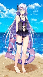  akashic_chronicle anna_(akashic_chronicle) ano_hito arms_behind_back barefoot black_collar black_one-piece_swimsuit blue_eyes blue_sky casual_one-piece_swimsuit cloud collar commentary female flat_chest full_body hair_over_one_eye horizon horns innertube legs long_hair navel ocean one-piece_swimsuit purple_hair sky solo swim_ring swimsuit thigh_strap toes very_long_hair 