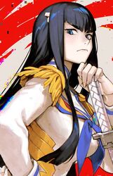  black_hair blue_eyes blue_neckerchief breasts closed_mouth female frown grey_background hair_ornament hand_on_own_hip hand_up highres holding holding_sword holding_weapon junketsu katana kill_la_kill kiryuuin_satsuki large_breasts long_hair long_sleeves neckerchief neekosiah red_background sideways_glance solo sword weapon 