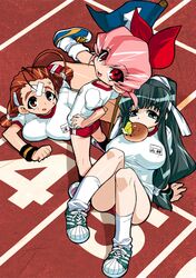  3girls akatsuki_gomoku antenna_hair aqua_eyes bandaid bandaid_on_face bird black_hair bread bread_eating_race breasts brown_eyes brown_hair buruma final_romance_4 flag food from_above holding holding_flag knees_up large_breasts long_hair looking_at_viewer mouth_hold multiple_girls name_tag non-web_source official_art open_mouth pink_hair red_buruma red_eyes shoes short_hair sitting sneakers sweat track_and_field 