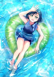  alternate_costume barefoot blue_hair blush day delicious_party_precure female fuwa_kokone green_eyes hair_ornament hairclip highres legs looking_up manekineko5319 outdoors precure reflection ripples short_hair smile solo swimsuit swimsuit_skirt toes water 