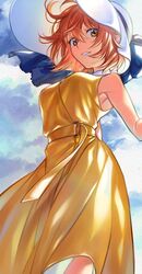  alternate_costume bare_shoulders breasts commentary_request dress fate/grand_order fate_(series) female fujimaru_ritsuka_(female) hair_between_eyes hat highres looking_at_viewer orange_eyes orange_hair outdoors parted_lips short_hair sleeveless solo sun_hat teeth uni_(nico02) yellow_dress 