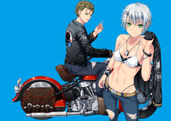  1boy ano_hito armband belt bikini bikini_top_only black_jacket boots bra bracelet breasts brown_belt brown_eyes brown_footwear brown_hair cigarette commentary_request contrapposto denim female green_eyes grey_hair groin hair_ornament hairclip highleg highleg_panties holding holding_cigarette jacket jeans jewelry leather leather_jacket lowleg lowleg_pants motor_vehicle motorcycle navel necklace o-ring o-ring_bikini original panties pants short_hair sitting small_breasts strapless strapless_bra swimsuit torn_clothes torn_pants underwear white_bikini 