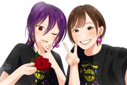  2girls bang_dream! black_shirt brown_eyes brown_hair earrings elu_pom eyelashes flower hair_between_eyes highres jewelry long_hair matching_outfits multiple_girls one_eye_closed purple_hair real_life red_eyes red_flower red_rose rose selfie seta_kaoru shirt signature smile t-shirt tadokoro_azusa v voice_actor voice_actor_connection white_background 