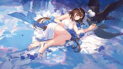  animal anthro atdan azur_lane bird bow brown_hair building city clouds cropped dress flowers independence_(azur_lane) long_hair petals red_eyes reflection ribbons rose scan sky water 