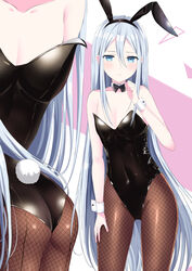  animal_ears ass bare_shoulders black_hairband black_leotard blue_eyes blush breasts brown_legwear cleavage closed_mouth commentary_request covered_navel female fishnet_pantyhose fishnets grey_hair groin hair_between_eyes hairband hand_up highres leotard long_hair looking_at_viewer morerin multiple_views pantyhose parted_bangs partial_commentary playboy_bunny project_sekai rabbit_ears rabbit_tail small_breasts strapless strapless_leotard tail very_long_hair wrist_cuffs yoisaki_kanade 