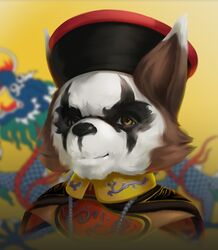  2018 all_fours anthro asian_clothing asian_mythology barbel_(anatomy) big_ears biomutant black_body black_fur black_nose blue_background blurred_background breed_(biomutant) brown_body brown_fur bust_portrait china chinese chinese_clothing claws close-up clothed clothing crossover detailed detailed_background dragon east_asian_clothing east_asian_mythology eastern_dragon experiment_101 fangs feral flag flag_background flesh_whiskers fully_clothed fur green_background hat headgear headwear hearts_of_iron hearts_of_iron_4 hi_res jewelry looking_at_viewer male mammal multicolored_body multicolored_fur mythological_creature mythological_scalie mythology necklace open_mouth portrait primal_(biomutant) procyonid protagonist_(biomutant) qing_dynasty raccoon red_background robe scalie sharp_teeth shirt simple_background smile solo teeth thepimpartist thq_nordic tongue topwear traditional_media_(artwork) whiskers white_background white_body white_fur yellow_background yellow_eyes 