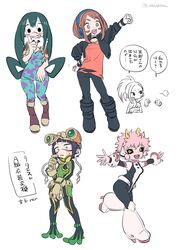  6+girls :d artist_name ashido_mina ashido_mina_(cosplay) asui_tsuyu asui_tsuyu_(cosplay) asymmetrical_bangs black_bodysuit black_choker black_footwear black_hair black_jacket black_legwear black_pants black_sclera blush bodysuit boku_no_hero_academia boots brown_eyes brown_footwear brown_gloves cape chibi chibi_inset choker clenched_hand colored_sclera colored_skin commentary cosplay costume_switch cropped_jacket embarrassed excited facial_mark frog_girl gloves goggles goggles_on_head green_bodysuit green_eyes group_costume_switch hagakure_tooru hair_rings hand_on_own_hip hand_up happy headphones high_heel_boots high_heels horns index_finger_raised invisible jacket jirou_kyouka jirou_kyouka_(cosplay) long_hair looking_afar looking_at_viewer low-tied_long_hair multiple_girls nervous ohhhhhhtsu open_mouth outstretched_arms pants pink_bodysuit pink_hair pink_skin ponytail red_shirt running shirt short_hair short_hair_with_long_locks sidelocks simple_background smile teeth thick_eyebrows thinking torn_clothes torn_shirt translated twitter_username upper_teeth_only uraraka_ochako uraraka_ochako_(cosplay) white_background yaoyorozu_momo 